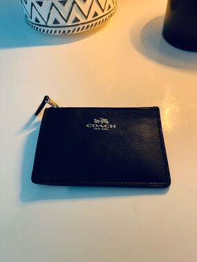 Coach Black Leather Zip Card Pouch with Gold Logo